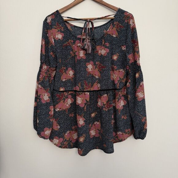 Knox Rose Floral Peasant Blouse Large Boho Tassel Tie Long Sleeve - Picture 6 of 9